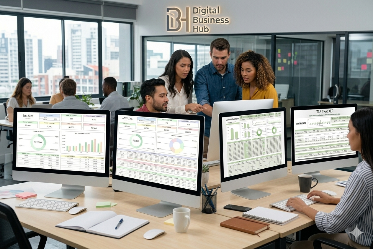 Digital Business Hub Aura Finance Hub device showing a sleek financial management interface with digital graphs and controls.