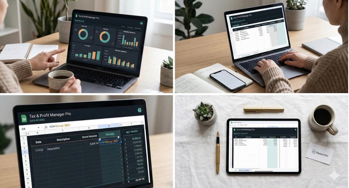Digital Business Hub Tax Tracker Google Sheets for freelance business finances with automatic calculations, digital CFO tool.