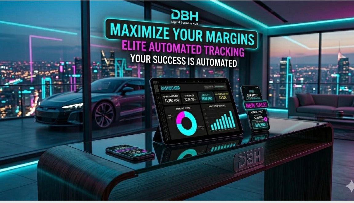 Digital Business Hub Elite Car Dealer Tracker 2026 interface showing real-time vehicle monitoring and management dashboard.