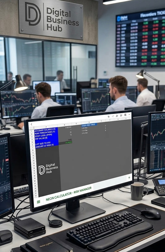 Digital Business Hub Forex risk management calculator with digital display and keys for professional currency trading analysis.