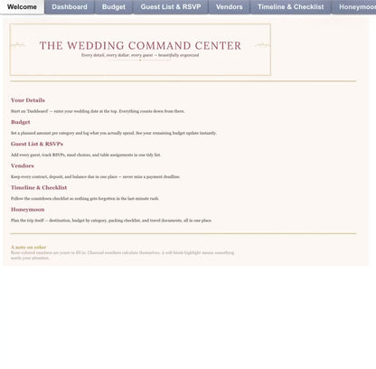 Wedding Budget Planner & Command Center — Guest List, Vendors, Timeline & Honeymoon